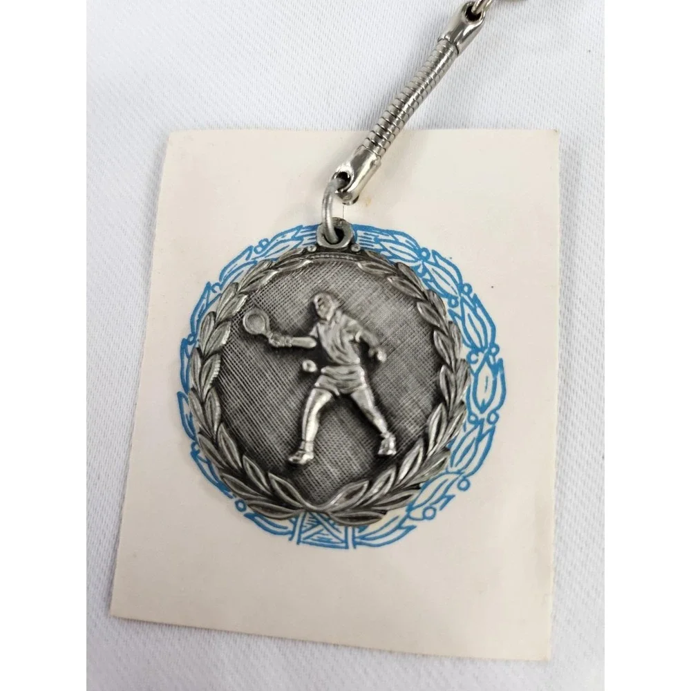Vintage 1970 City Champ Winner Pewter Tennis Player Racket Keychain Keyring Fob